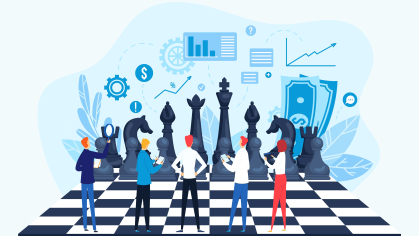 Graphic of a team of people playing as pieces on a chess board.