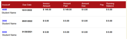 Screenshot of available invoices